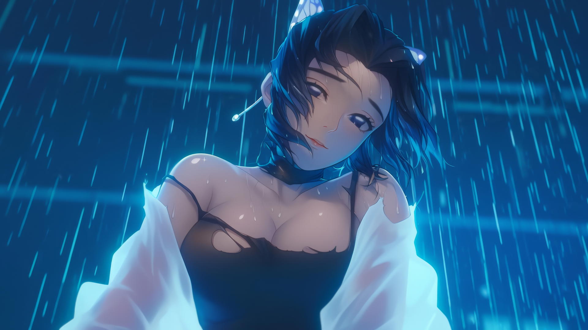 Shinobu Kocho from Demon Slayer kneeling and leaning, broken white t-shirt, hotel ceiling, neon light, rainy