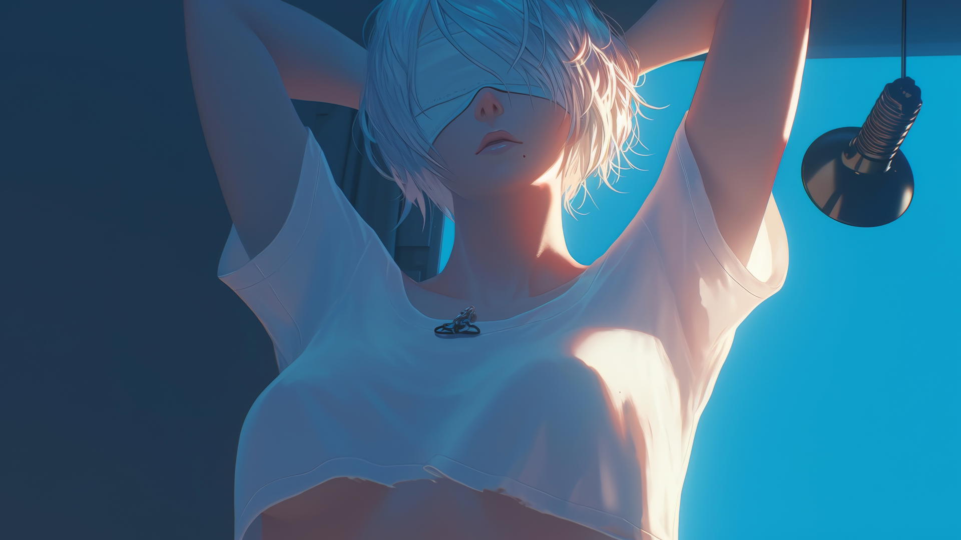 2B from Nier in a broken white t-shirt, blindfolded, under a hotel ceiling with soft neon light.