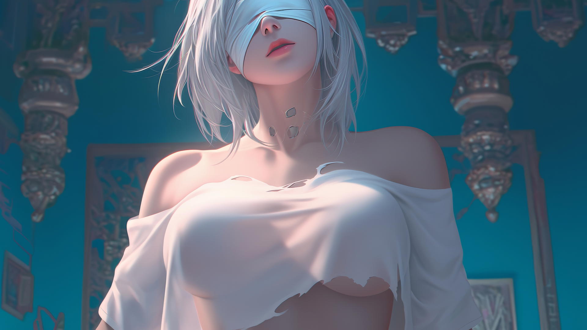 2B from Nier in broken white t-shirt and blindfold kneeling under neon-lit hotel ceiling.
