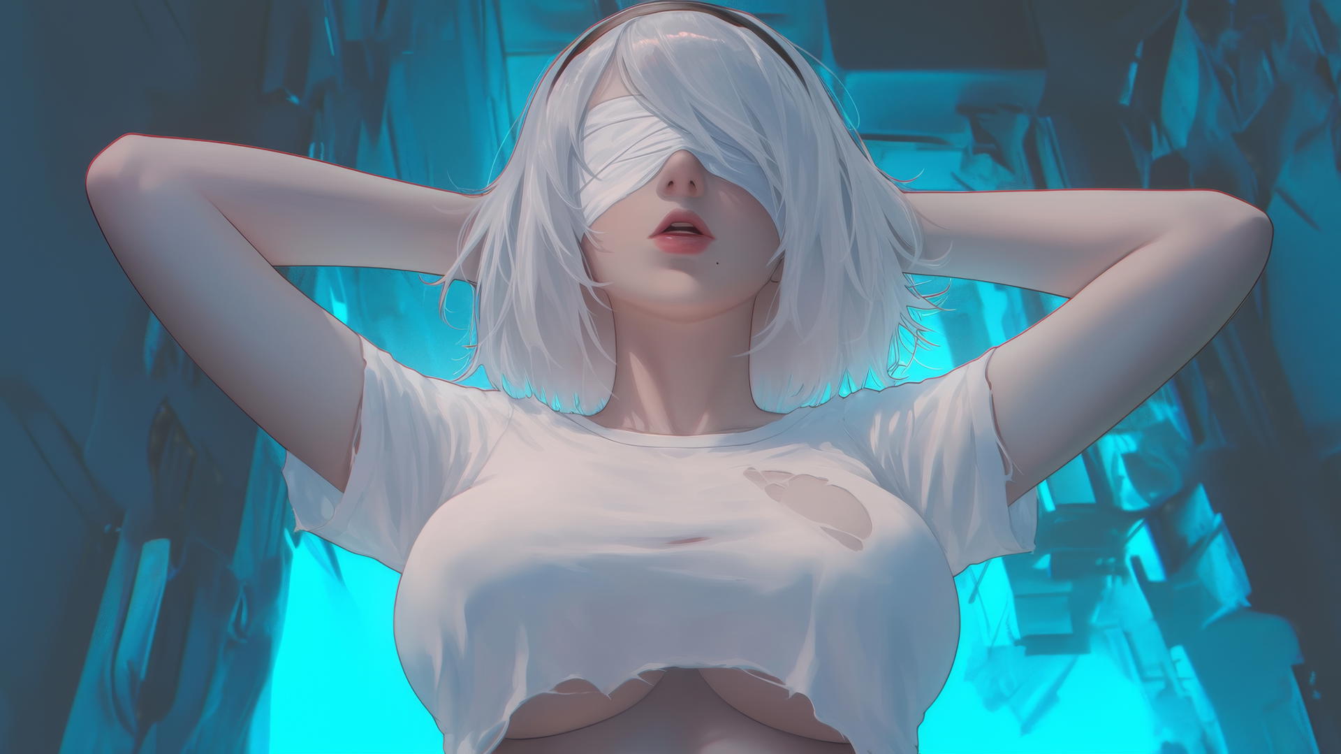 2B from Nier wearing a broken white t-shirt and a standard-issue blindfold, howling with neon-lit hotel ceiling behind her.