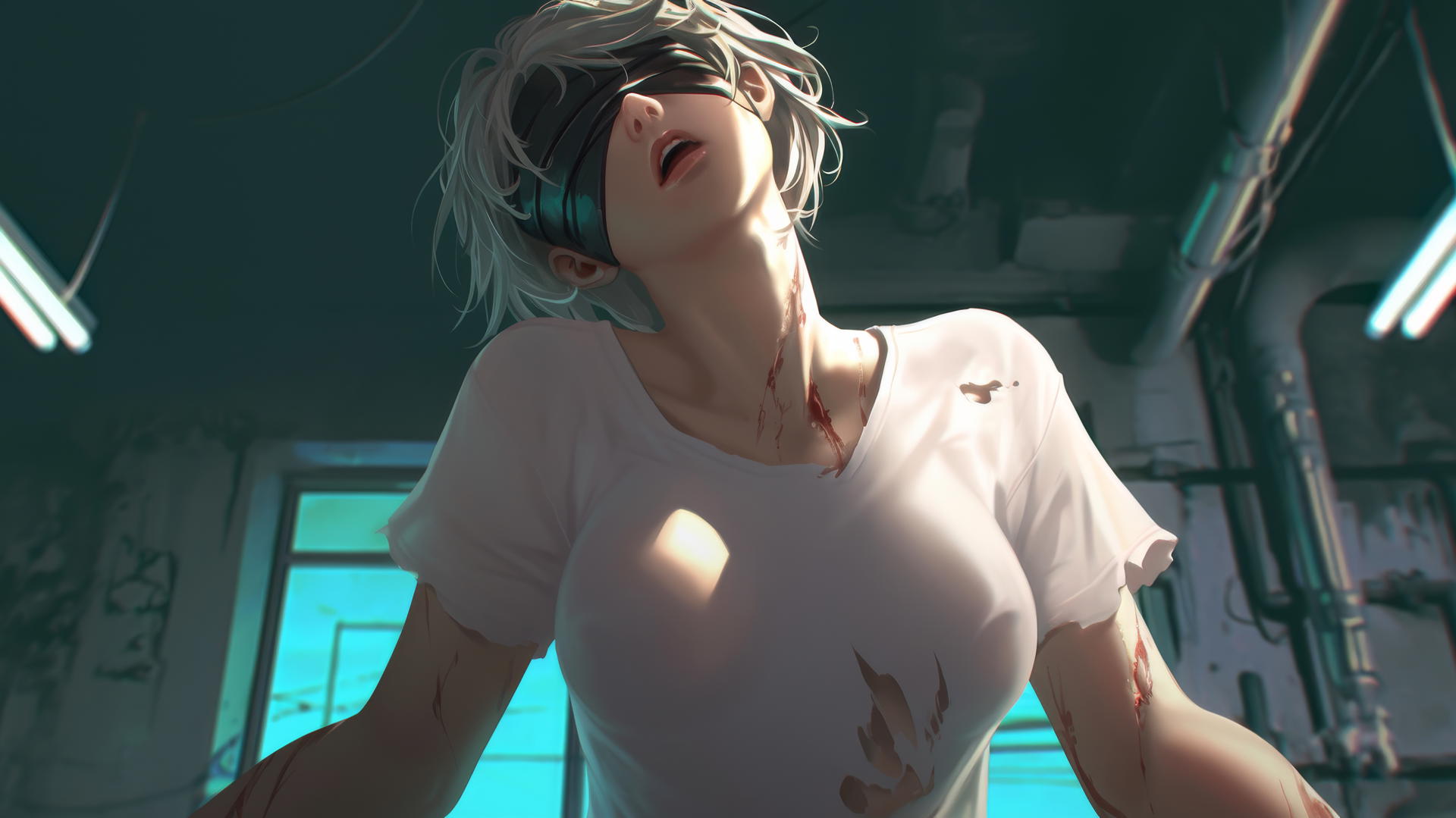 2B from Nier wearing a broken white t-shirt, howling with a blindfold, under neon-lit hotel ceiling.