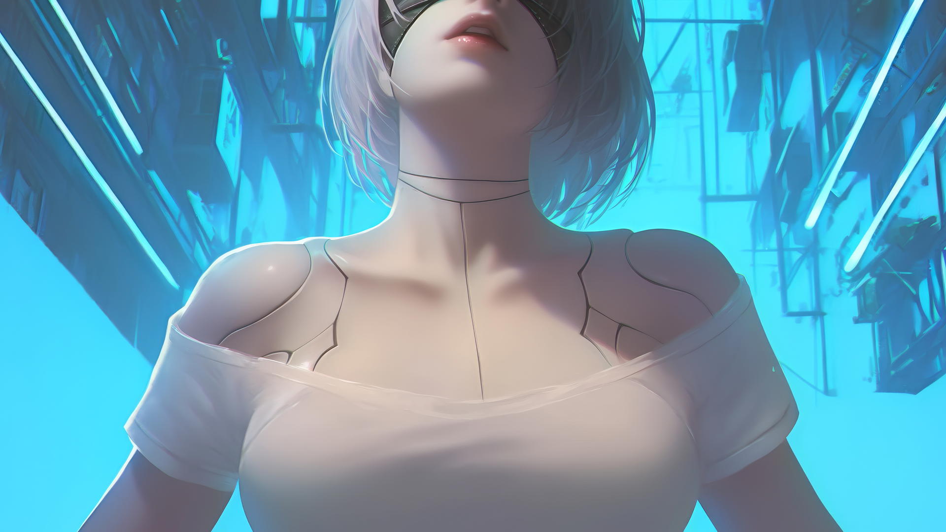 2B from Nier in a broken white t-shirt and blindfold, kneeling and looking downward under neon-lit hotel ceiling.