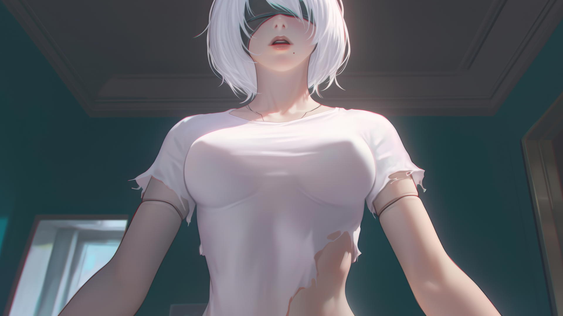 2B from Nier in a broken white t-shirt and blindfold howling with neon-lit hotel ceiling background.