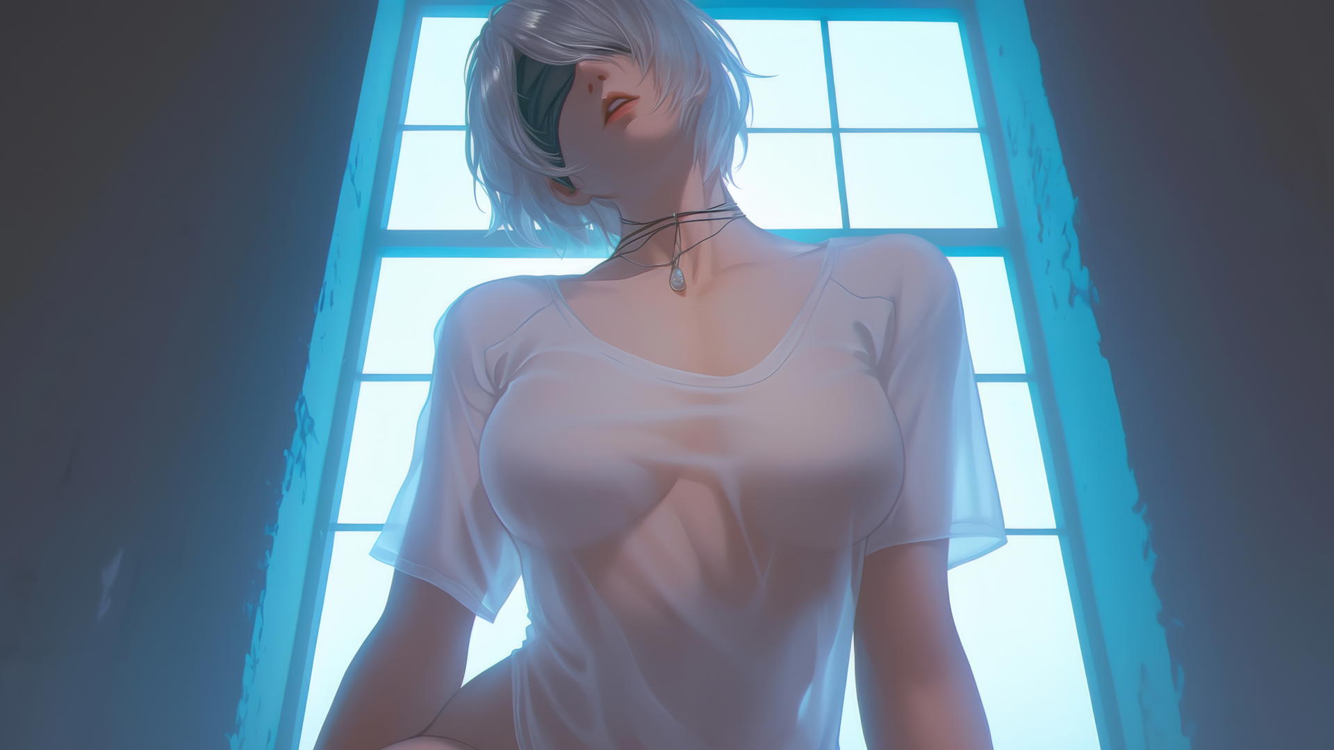 2B from Nier kneeling and leaning forward, wearing a broken white t-shirt and blindfold, neon-lit hotel ceiling in background.