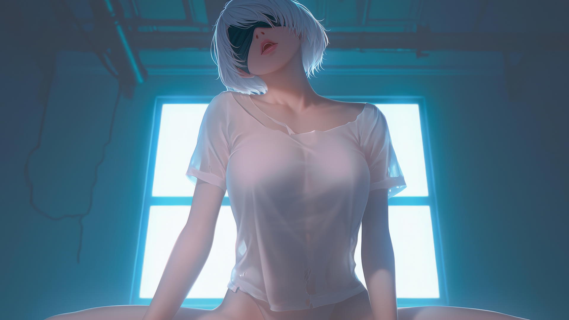 2B from Nier, kneeling and leaning forward, wearing broken white t-shirt and blindfold, with a hotel ceiling and neon lighting in the background.