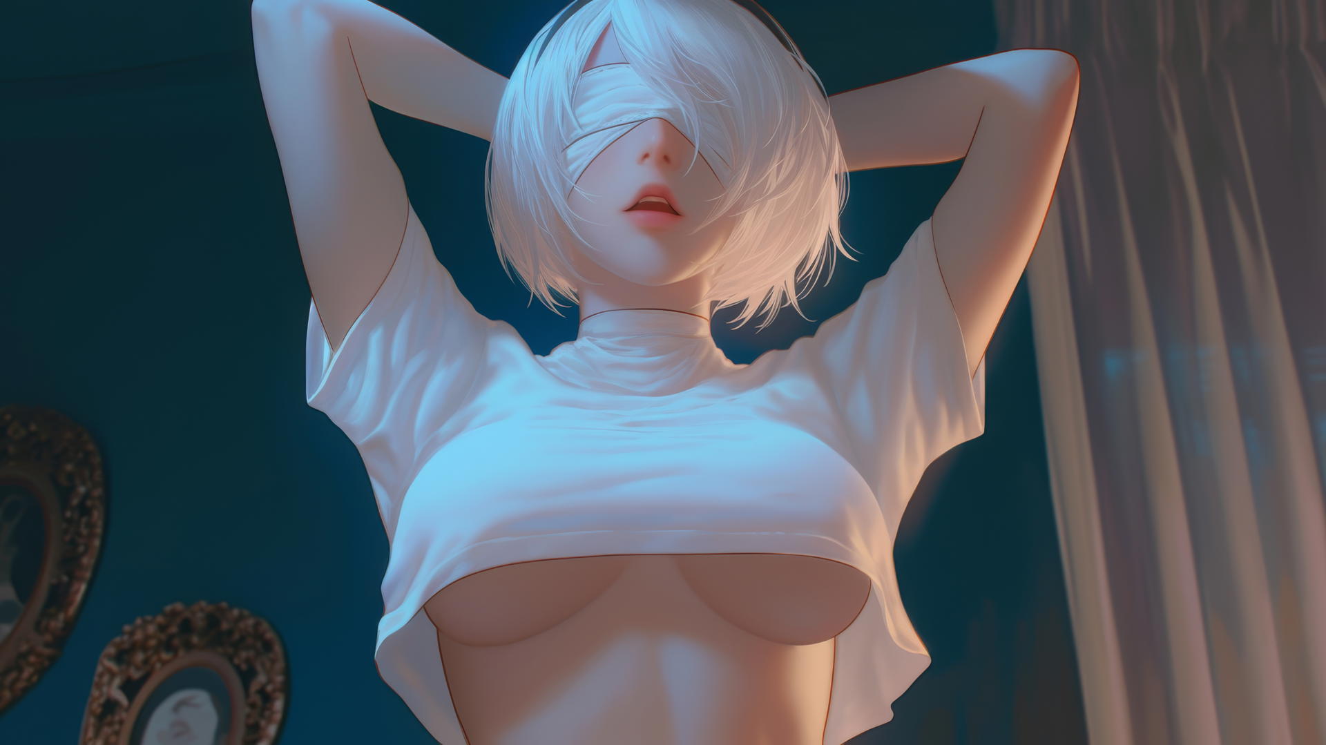 2B from Nier in a broken white t-shirt, kneeling and leaning, seen from below with a hotel ceiling and neon lights.