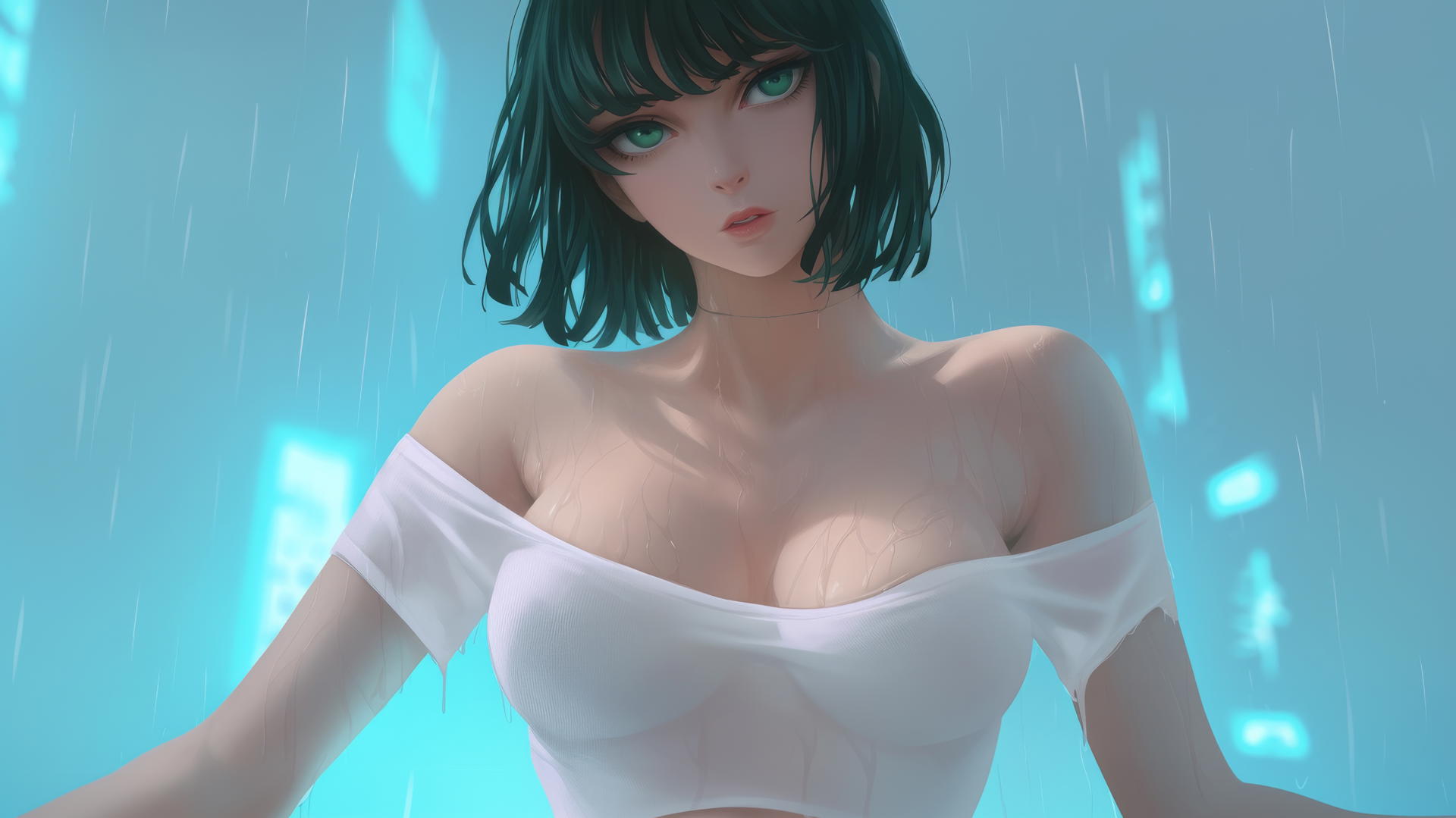 Fubuki from One Punch Man, viewed from below, in broken white t-shirt, with neon-lit hotel ceiling background.