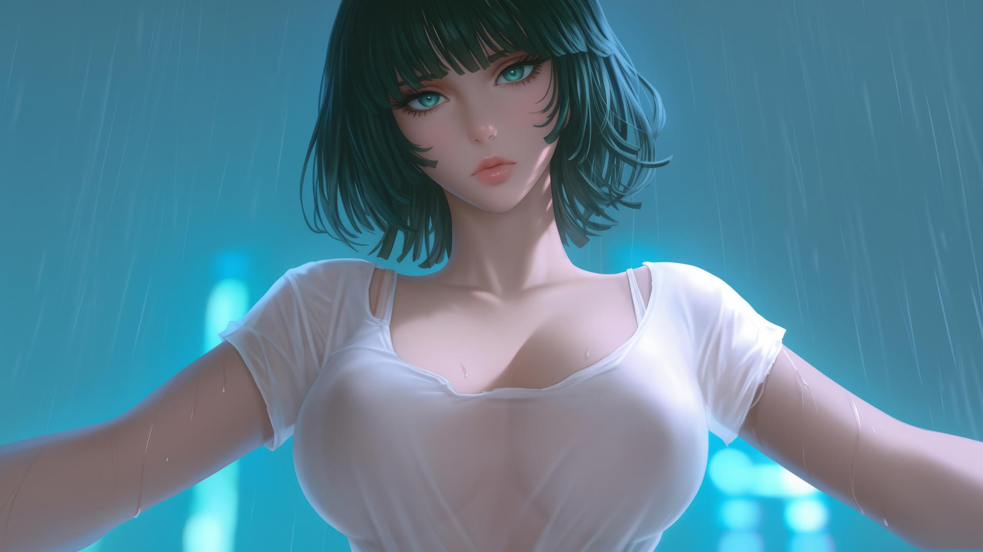 Fubuki from One Punch Man with broken white t-shirt, dark green bob, light green eyes, looking down, hotel ceiling background, neon lighting.