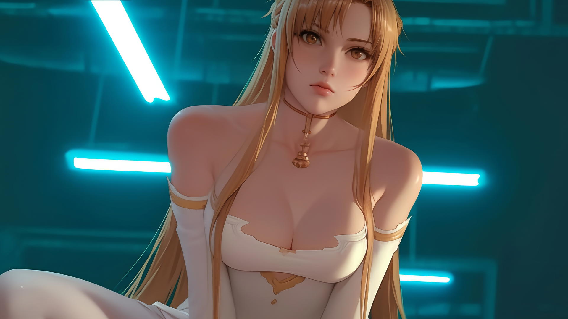 Asuna from Sword Art Online kneeling, looking down with neon lights from a hotel ceiling casting a soft glow.