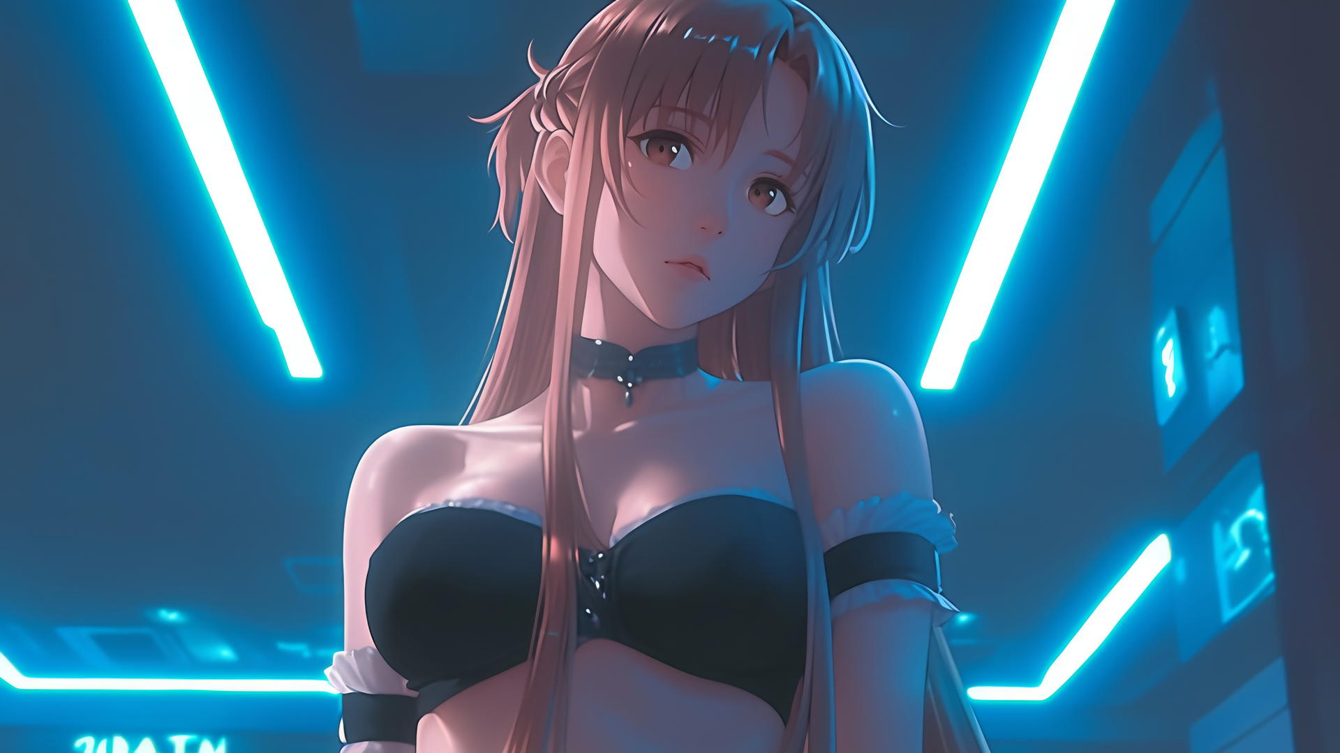 Asuna from Sword Art Online, kneeling and leaning toward the viewer, hotel ceiling background
