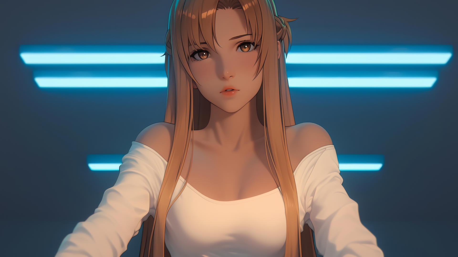 Asuna from Sword Art Online kneeling with hotel ceiling background and glowing neon lights