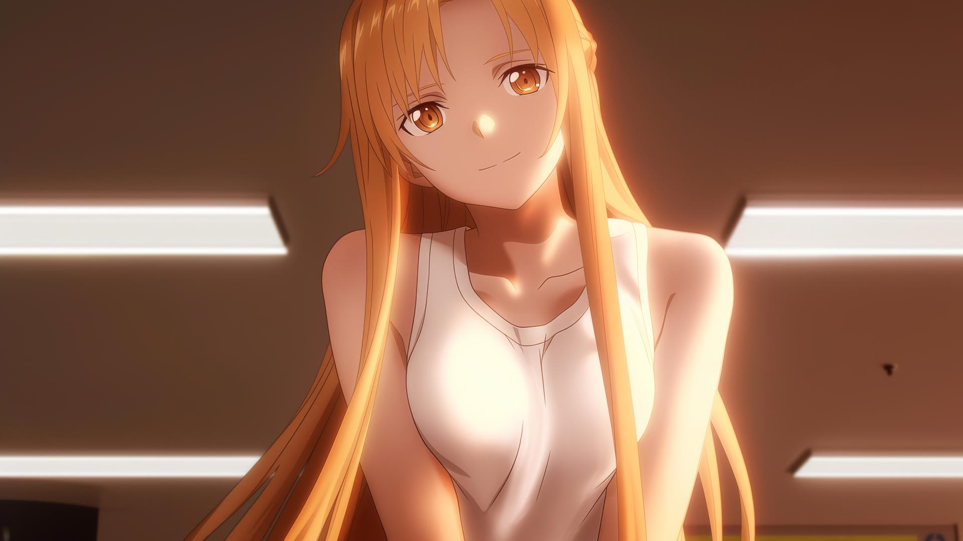 Asuna from Sword Art Online, seen from below with hotel ceiling background, leaning and looking down with soft neon light glow.