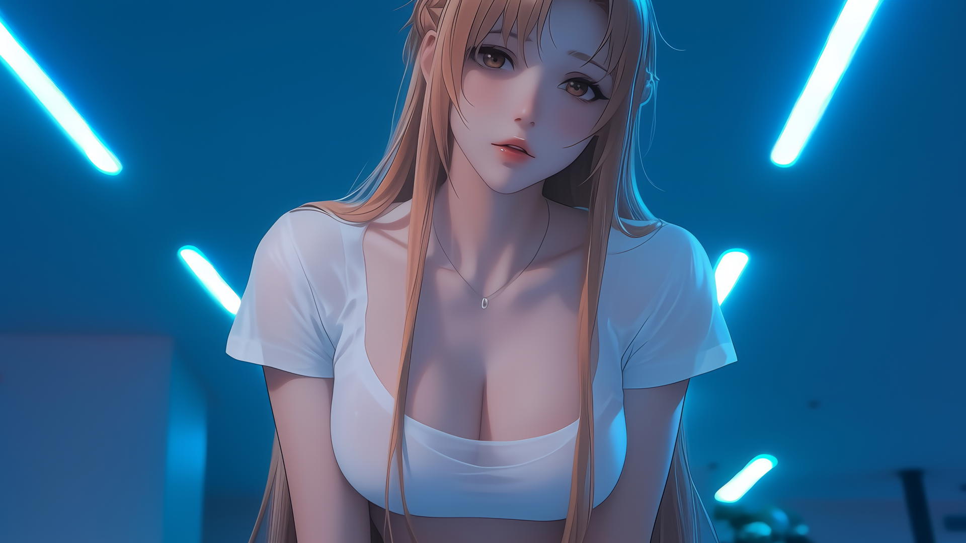 Asuna from Sword Art Online leaning toward viewer with hotel ceiling in background