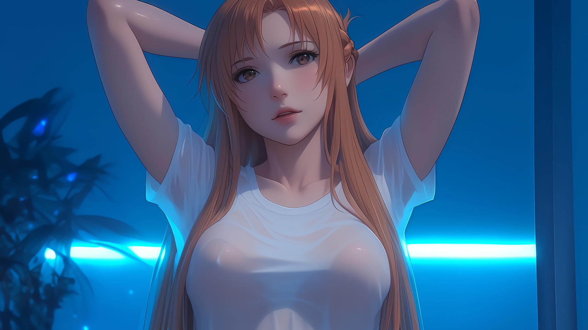 Asuna from Sword Art Online leans forward, looking down, with ceiling lights casting a soft glow.