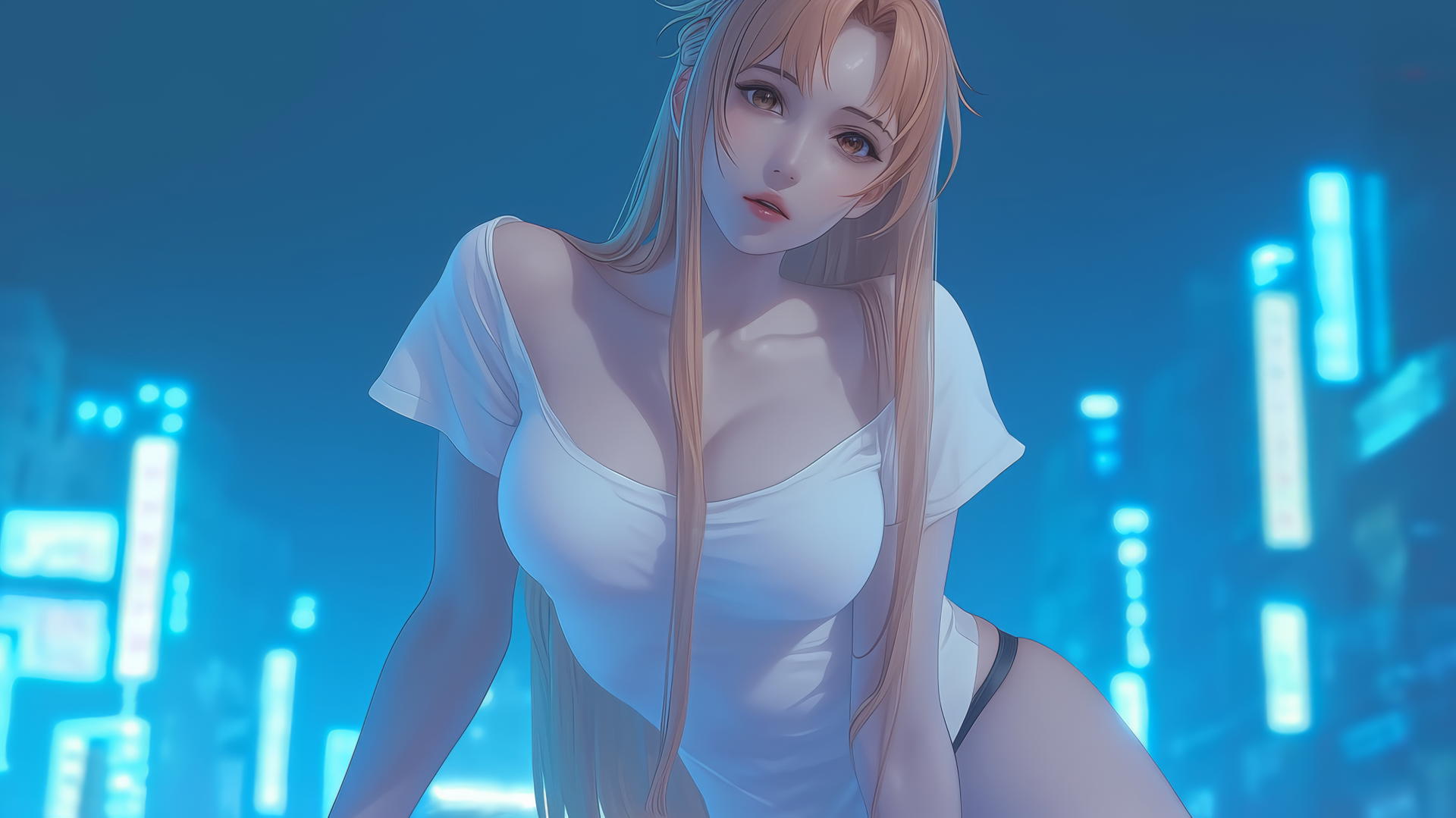 Asuna from Sword Art Online kneeling and looking down, in a hotel room with a white t-shirt and soft neon lighting.