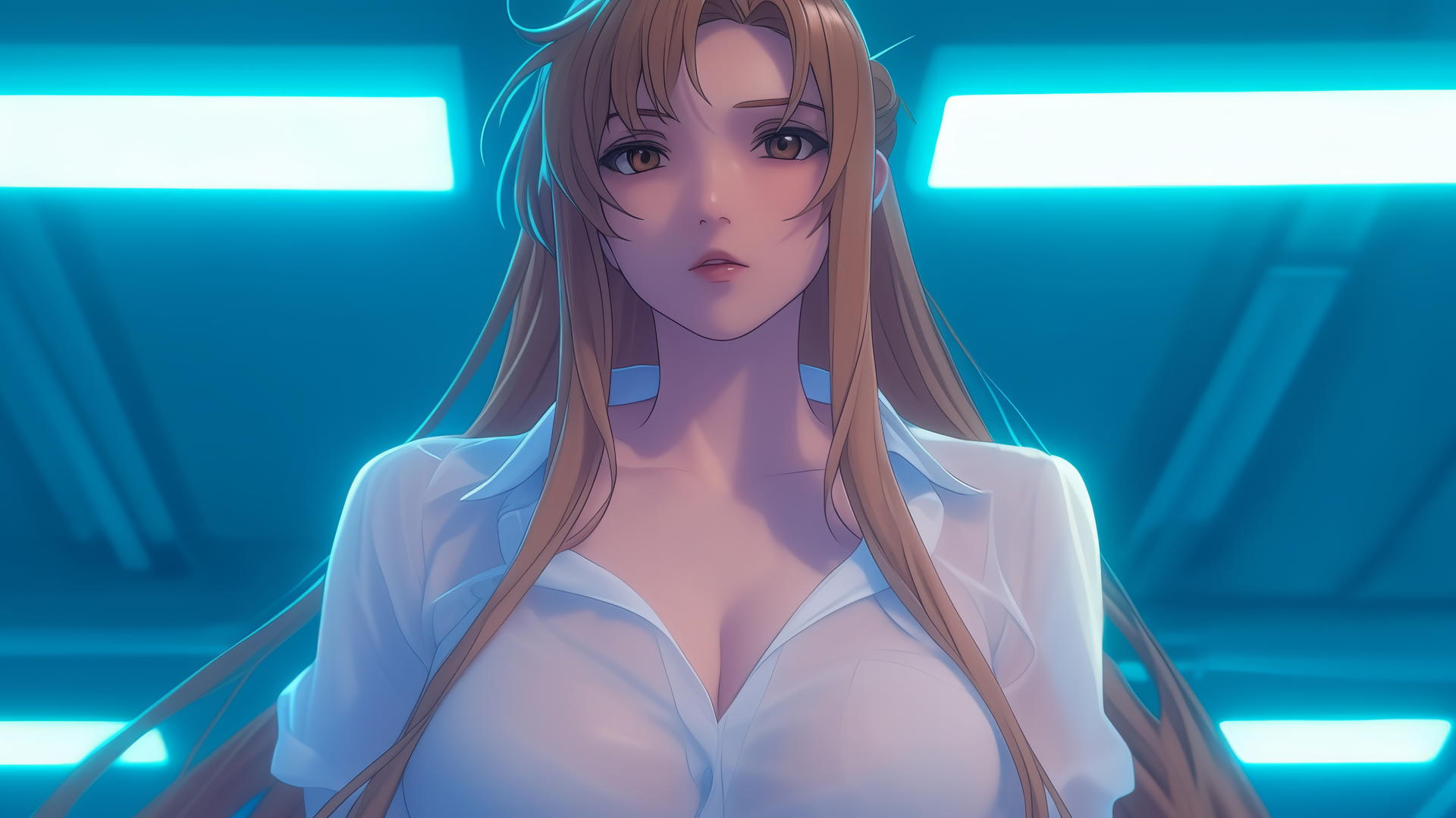 Asuna from Sword Art Online in white office shirt with hotel ceiling background