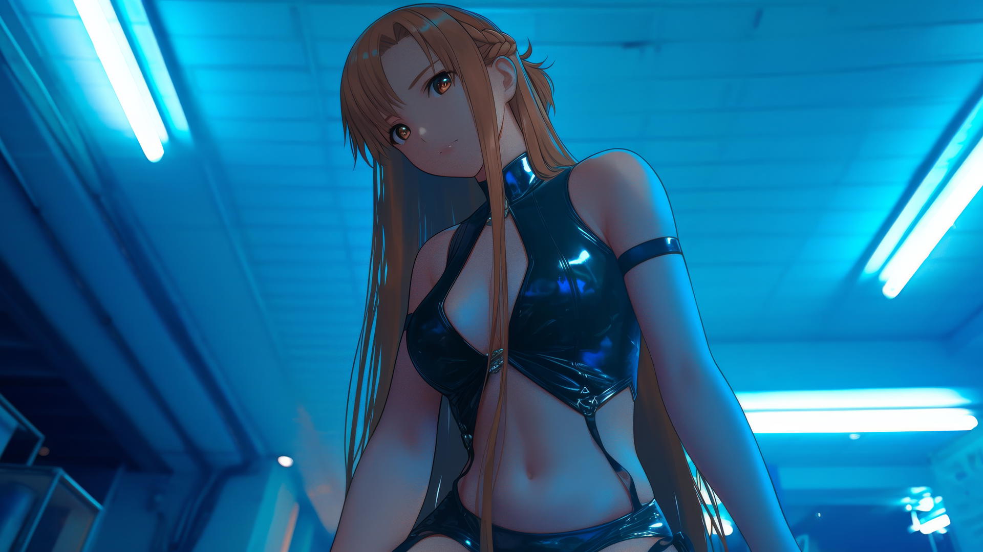 Asuna from Sword Art Online, seen from below, kneeling with a hotel ceiling behind her, illuminated by neon light.