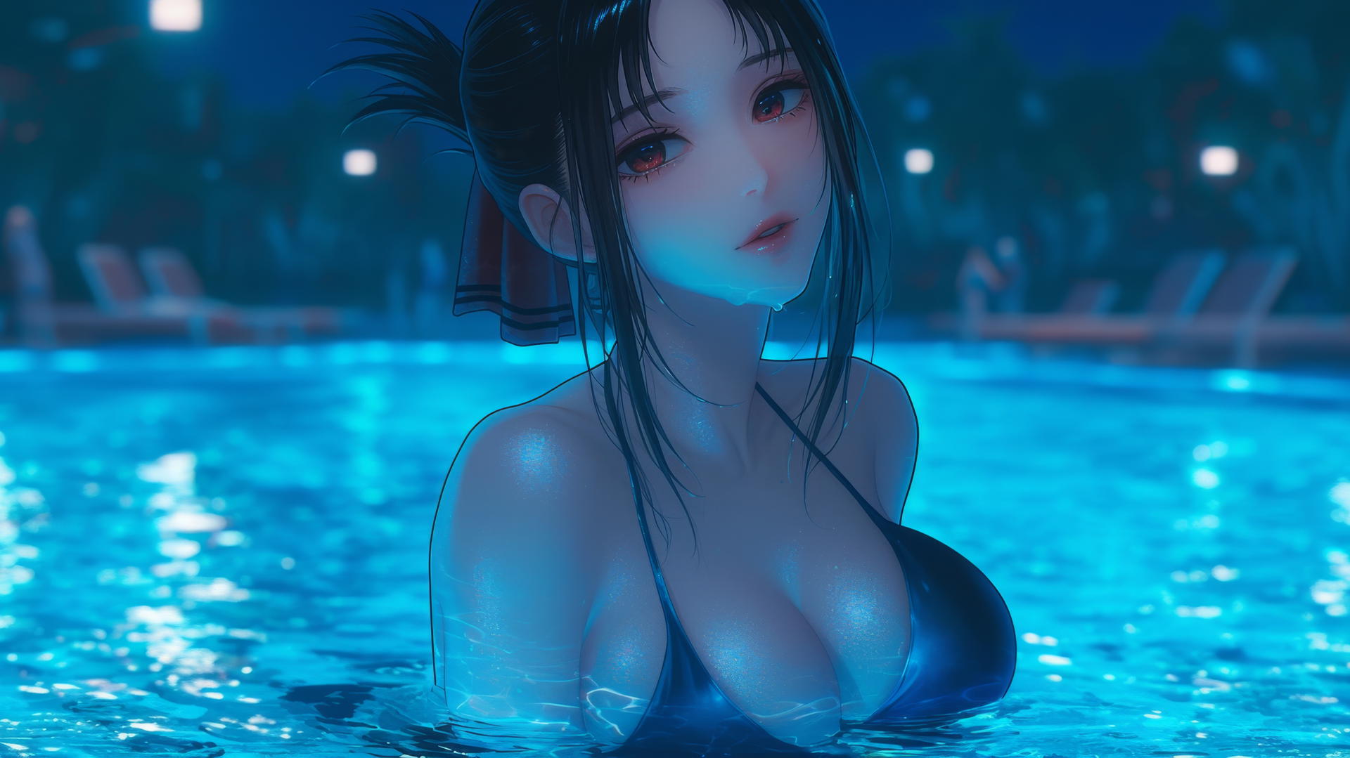 Kaguya Shinomiya with red eyes resting at swimming pool under moonlight.