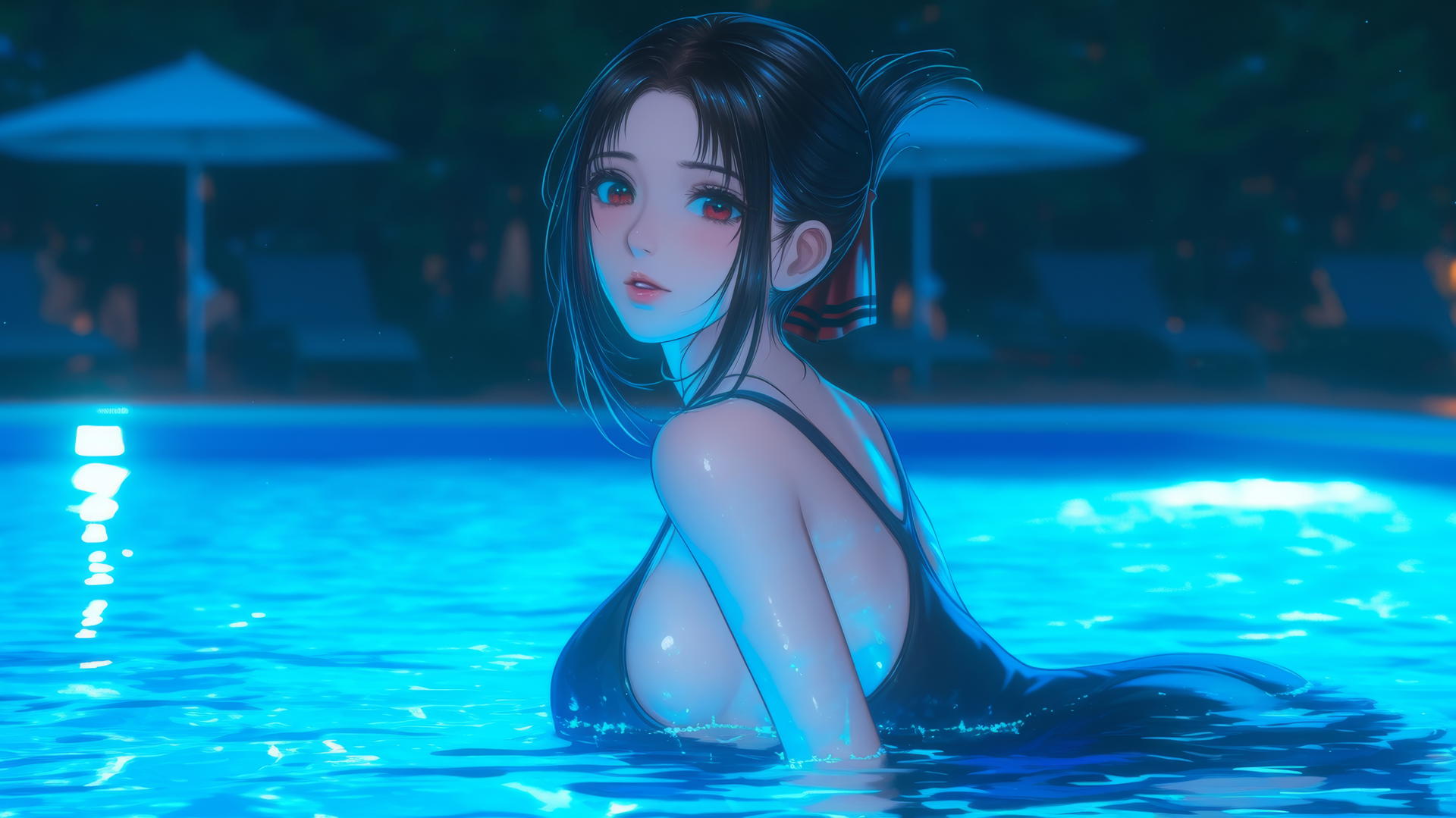 Kaguya Shinomiya resting by the pool under moonlight, red eyes, serene.