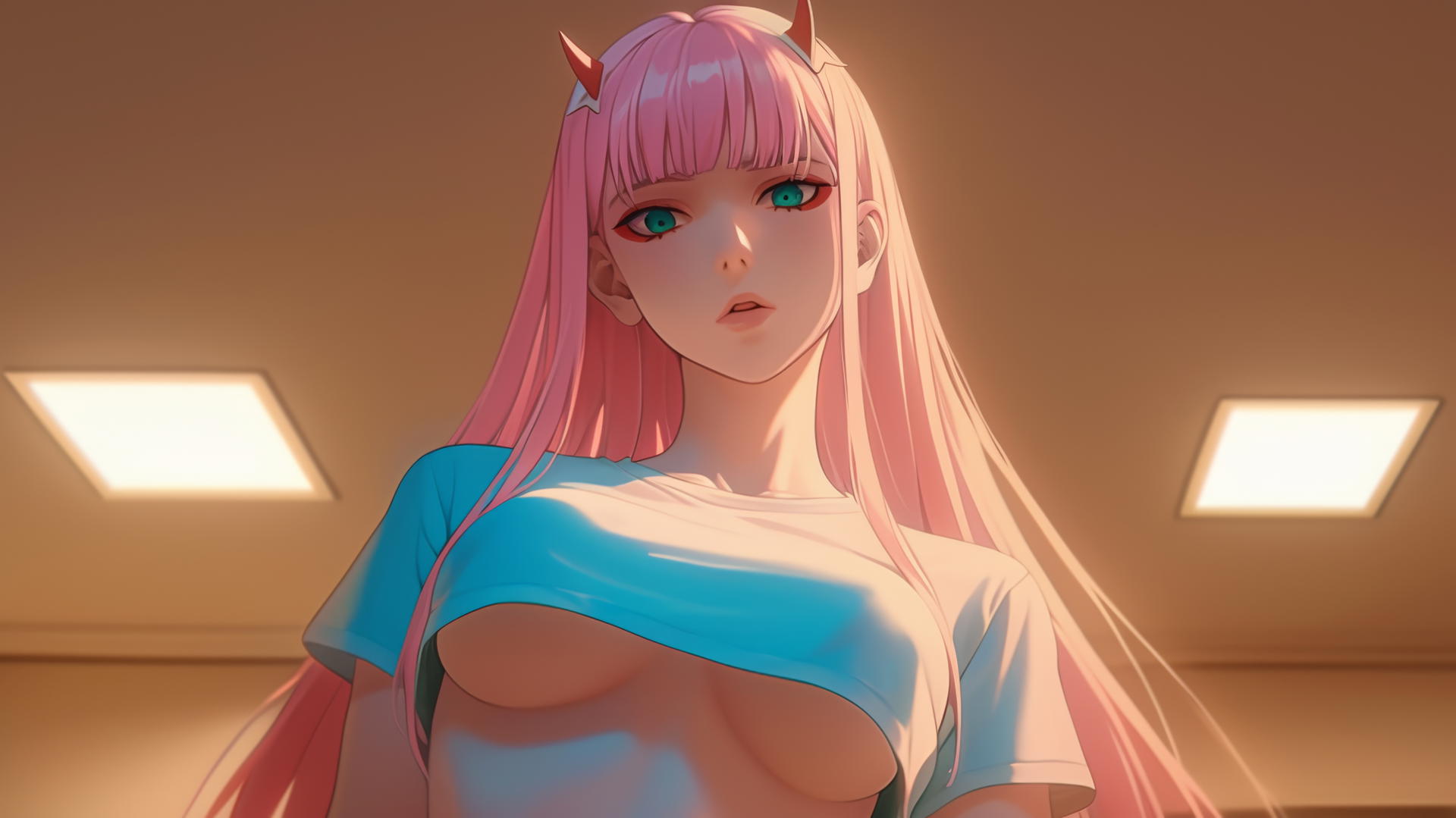 Zero Two from DARLING in the FRANXX with long pink hair, kneeling, warm neon light