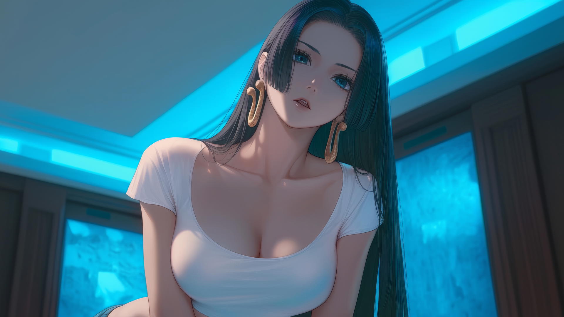 Boa Hancock kneeling and howling under warm and neon ceiling lights
