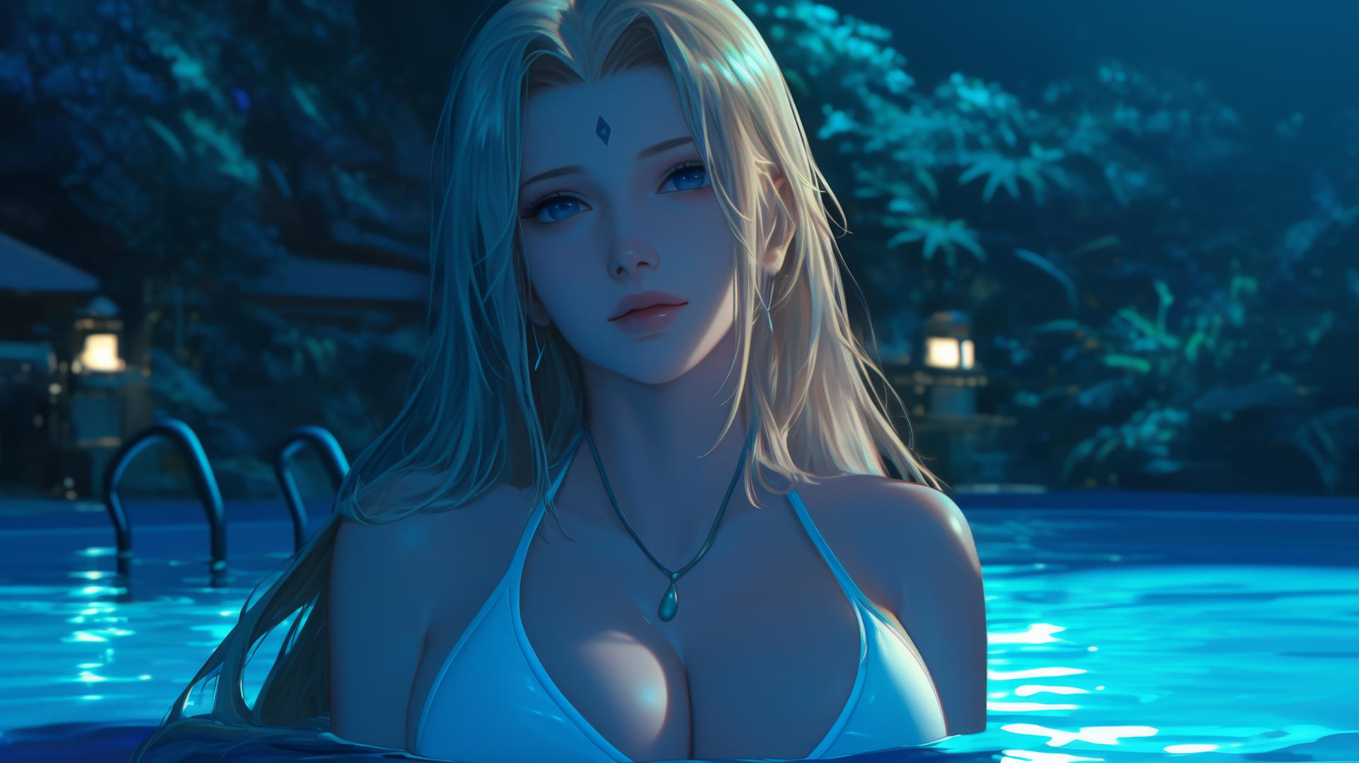 Tsunade from Naruto resting by swimming pool under moonlight