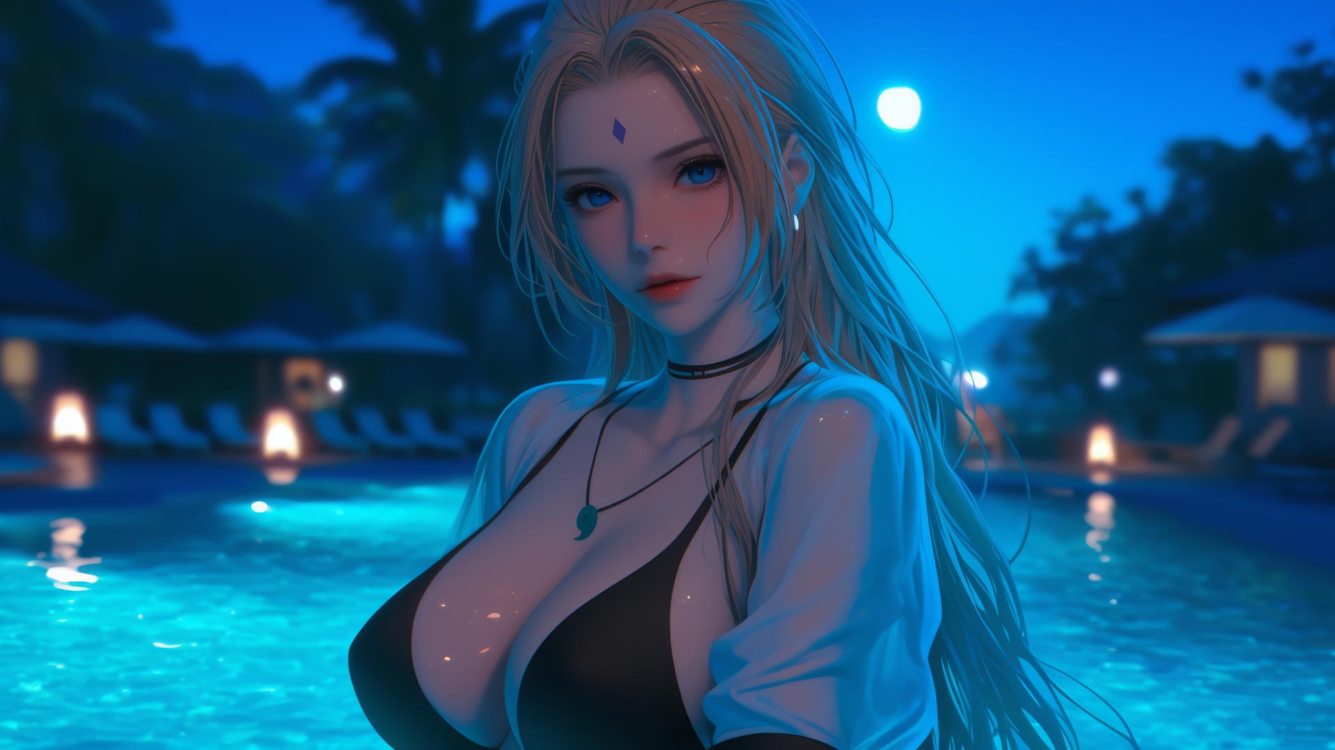 Tsunade from Naruto resting by a swimming pool with moonlight glow