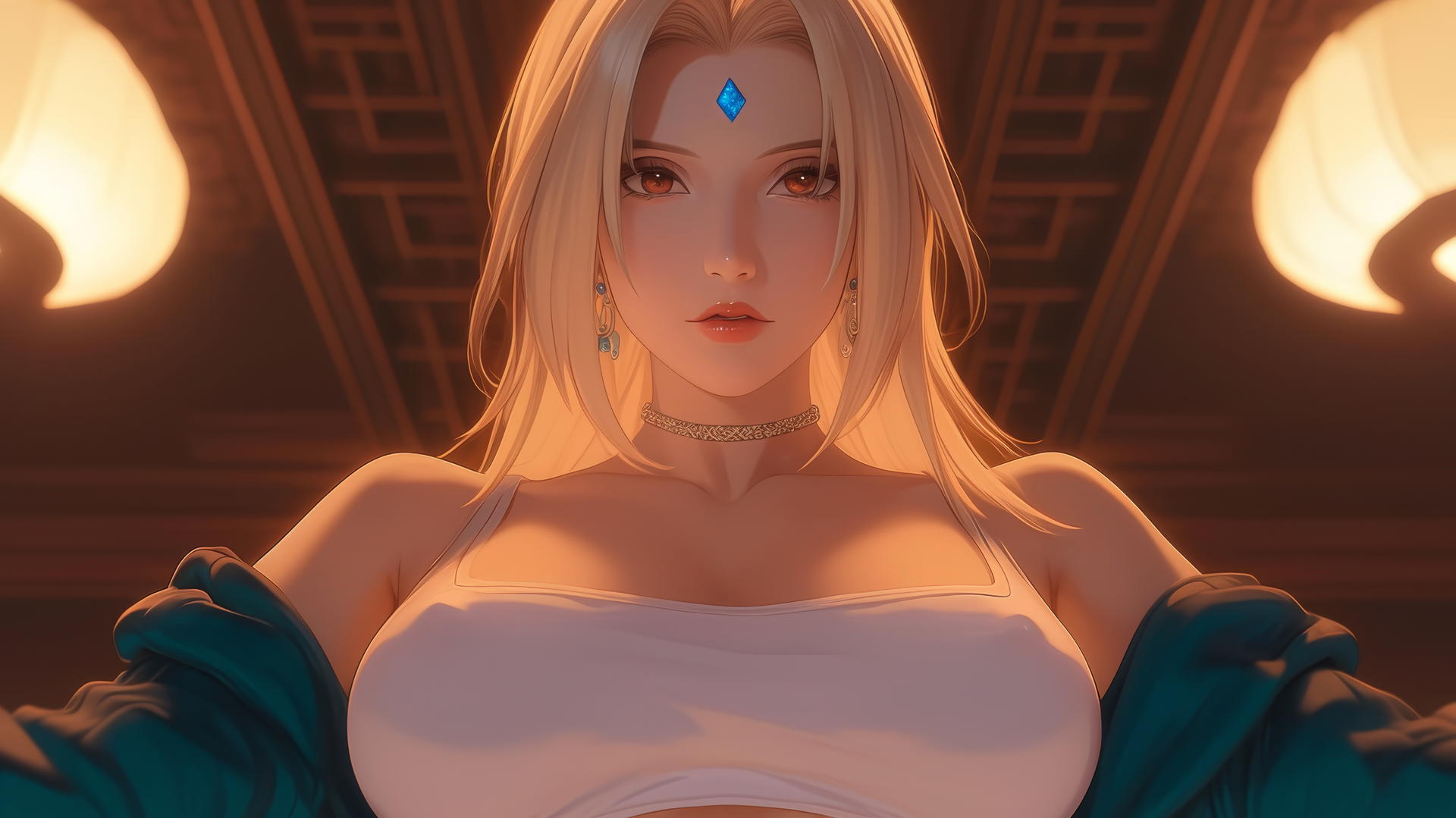 Tsunade from Naruto, seen from below, with brown eyes, straight blonde hair, violet diamond on forehead, kneeling, warm and neon lights from hotel ceiling casting a soft glow.