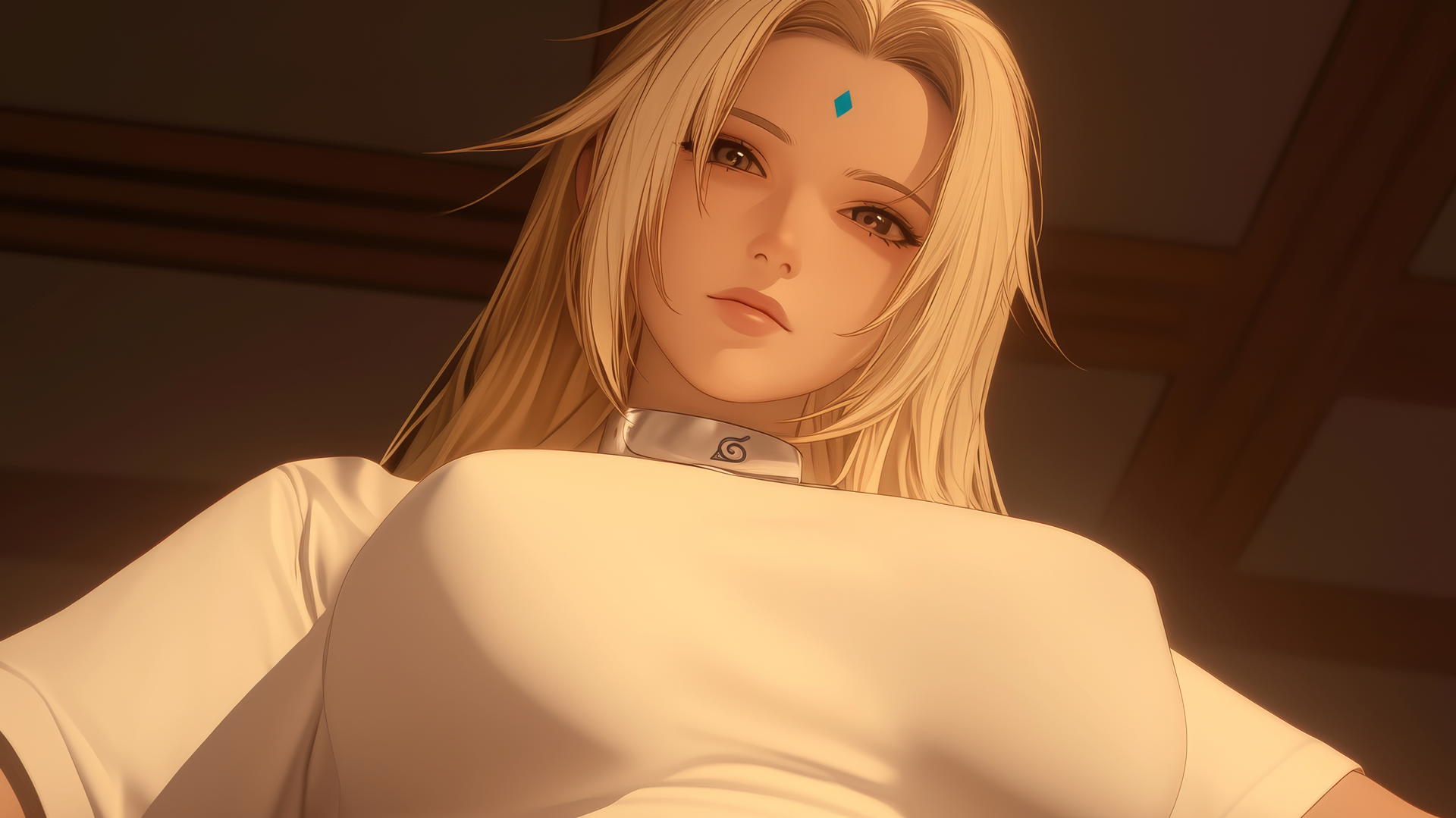 Tsunade from Naruto leaning forward under warm and neon lights from a hotel ceiling.
