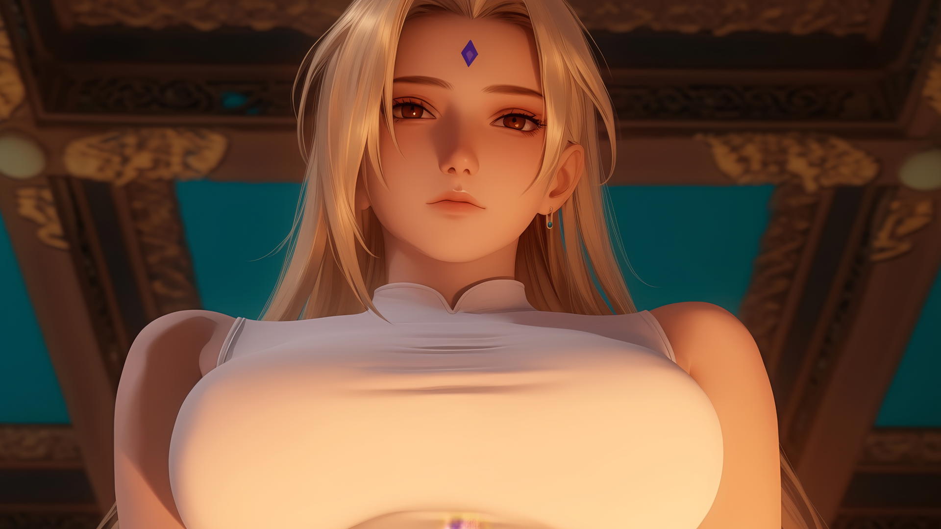 Tsunade from Naruto leaning with brown eyes, blonde hair, and a violet diamond on her forehead.
