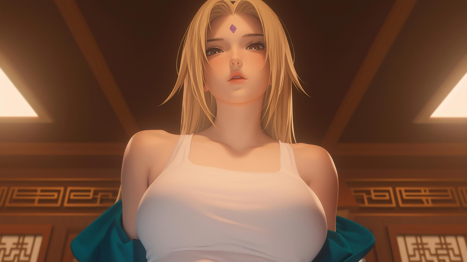 Tsunade from Naruto leaning down, seen from below, with warm and neon light glow