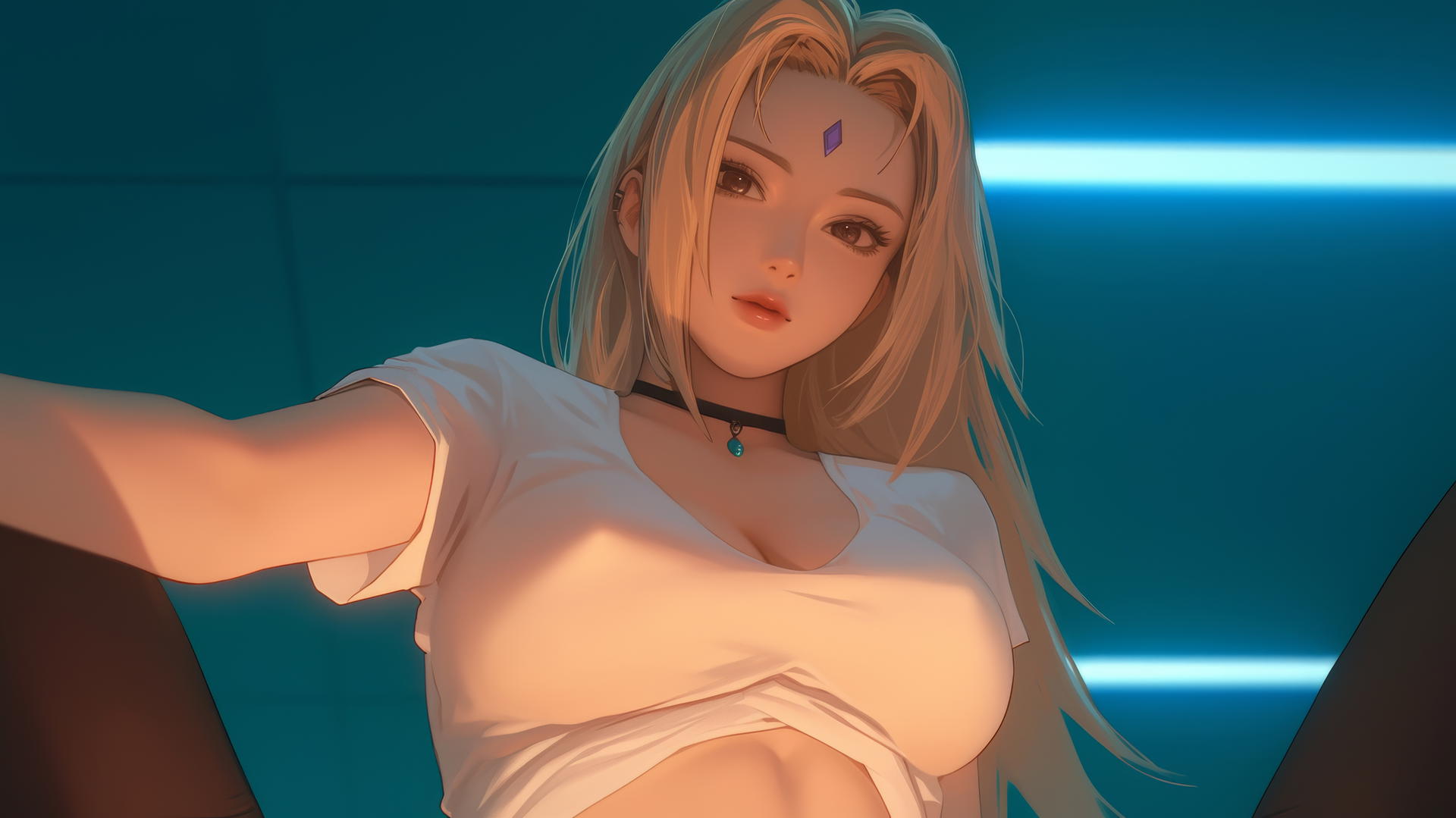 Tsunade from Naruto with blonde hair and brown eyes, kneeling under a warm light.