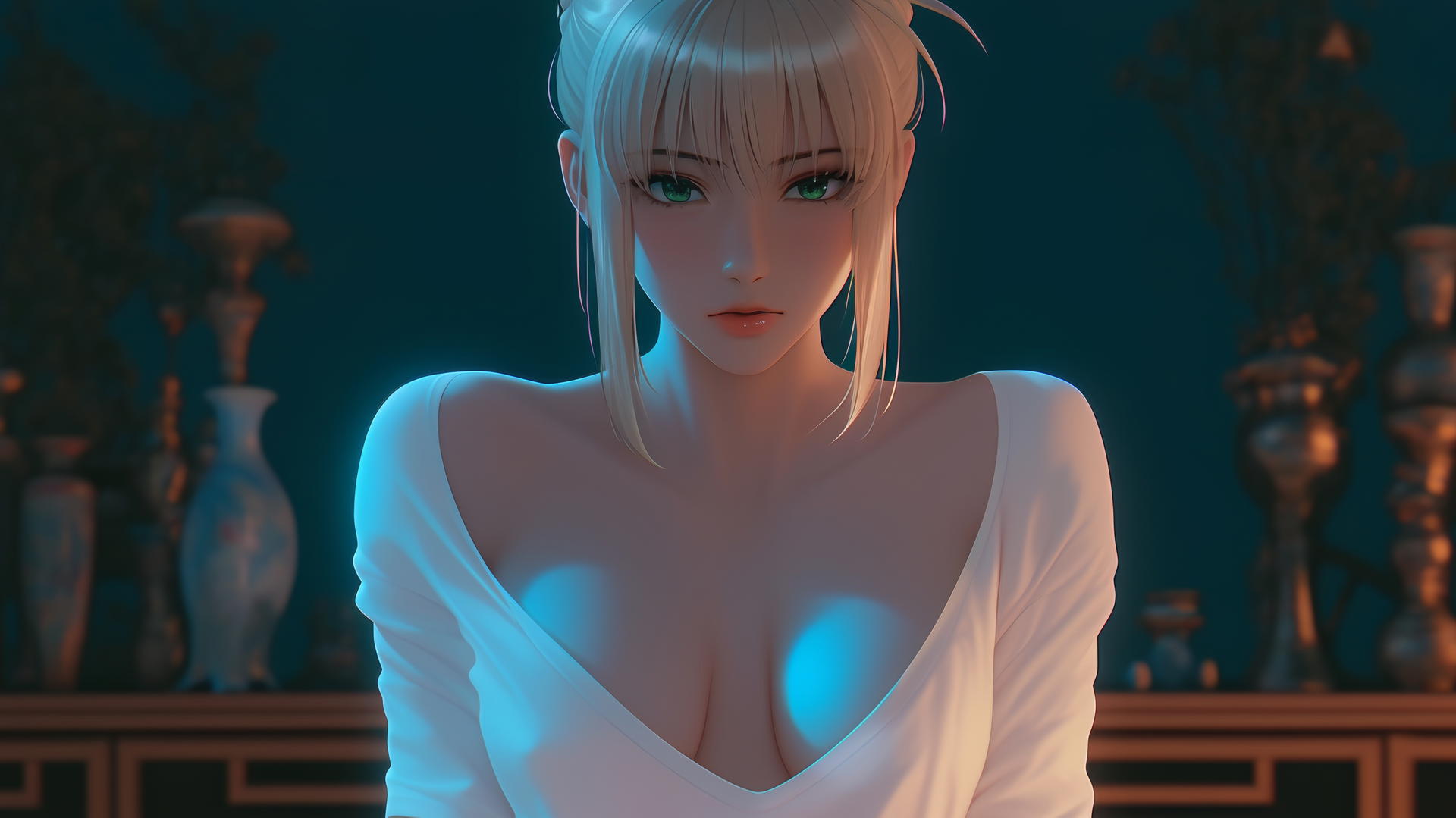 Saber from Fate Zero kneeling, looking down, with a soft glow and ceiling background
