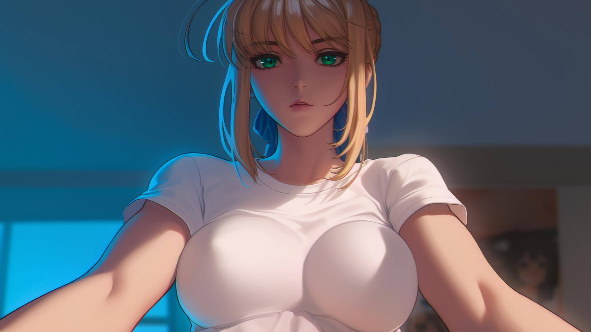 Saber from Fate Zero in a t-shirt, kneeling and leaning forward, seen from below with warm light and ceiling background.