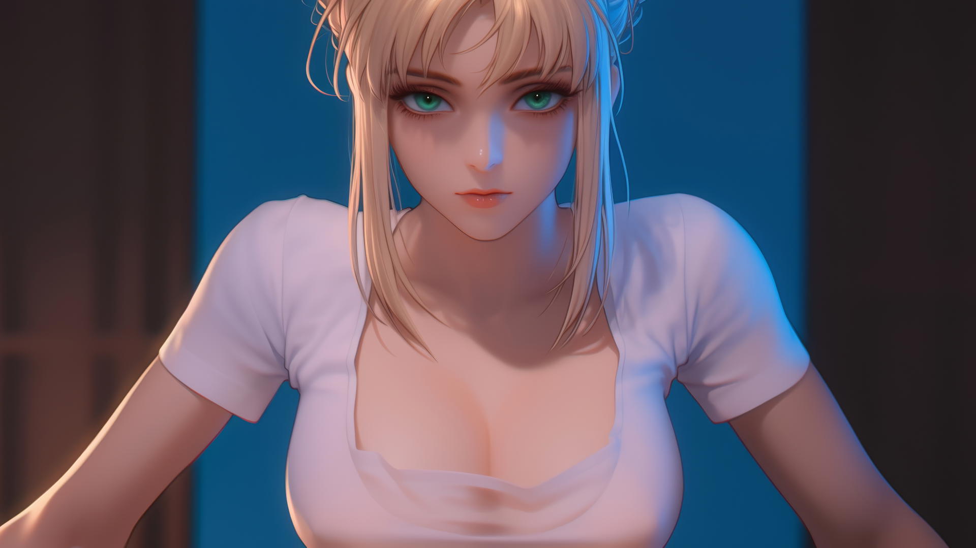 Saber from Fate Zero kneeling and leaning, looking down with green eyes, ceiling in background