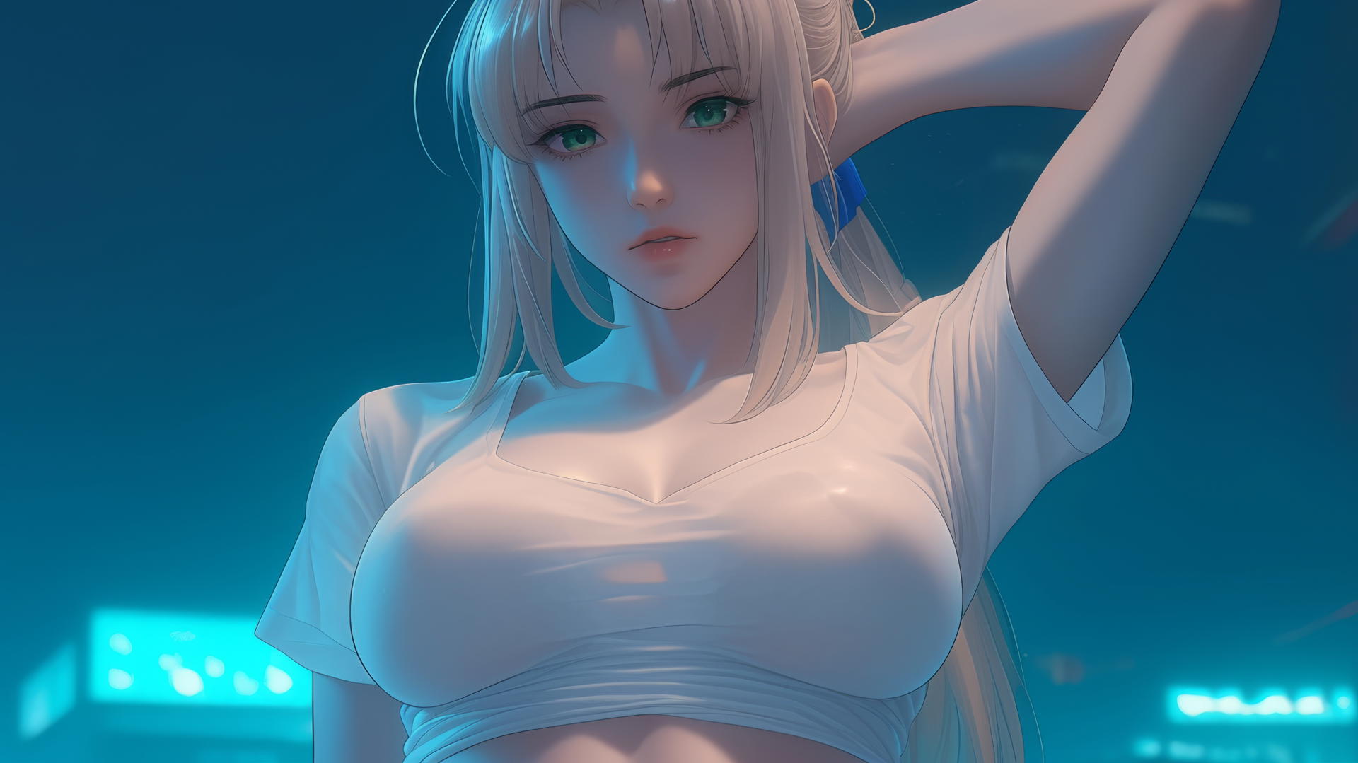 Saber from Fate Zero kneeling, wearing t-shirt, looking down with green eyes, ceiling behind.