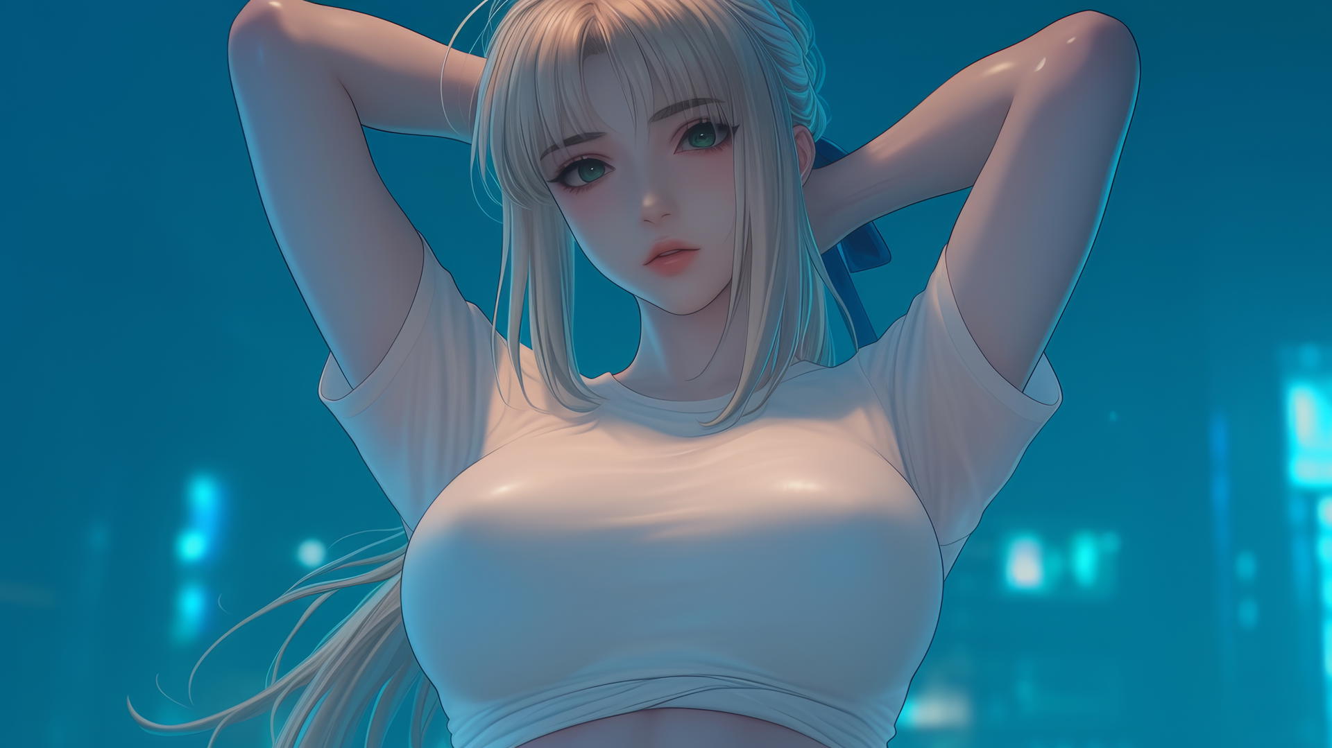 Saber from Fate Zero in t-shirt kneels, leaning, warm light, green eyes