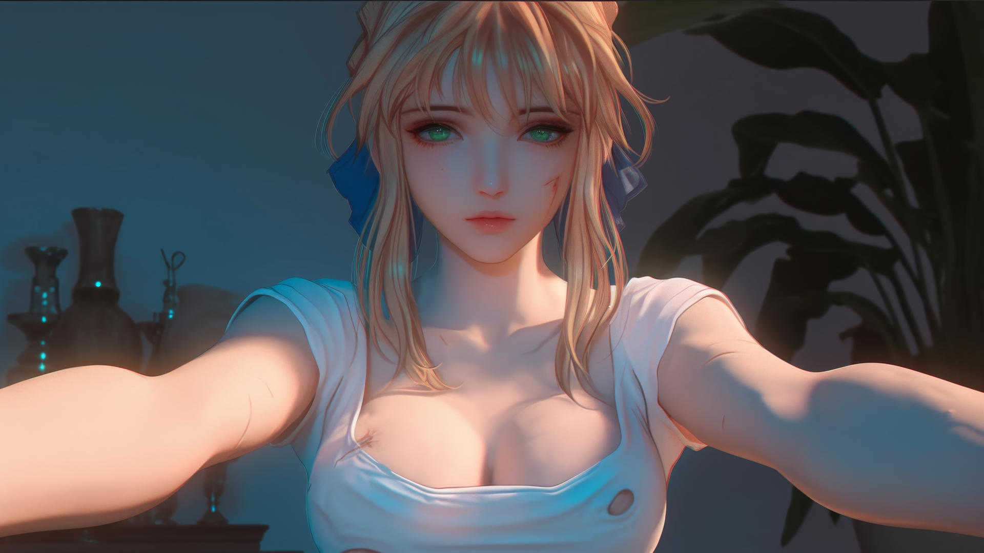 Saber from Fate Zero kneeling, leaning toward, with green eyes, and a ceiling background