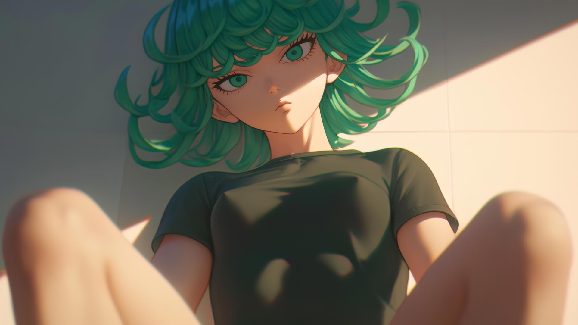 Tatsumaki from One-Punch Man kneeling and leaning forward, with green eyes and hair, under warm light.