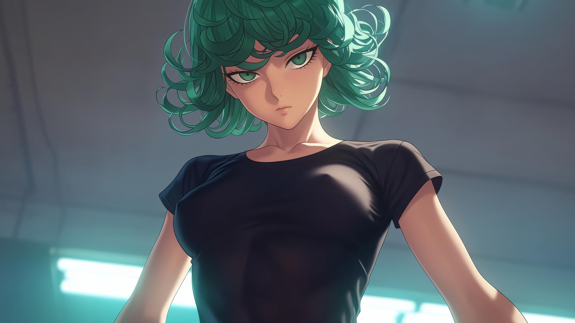 Tatsumaki from One-Punch Man, with emerald green eyes and curly hair, kneeling and leaning forward, seen from below.