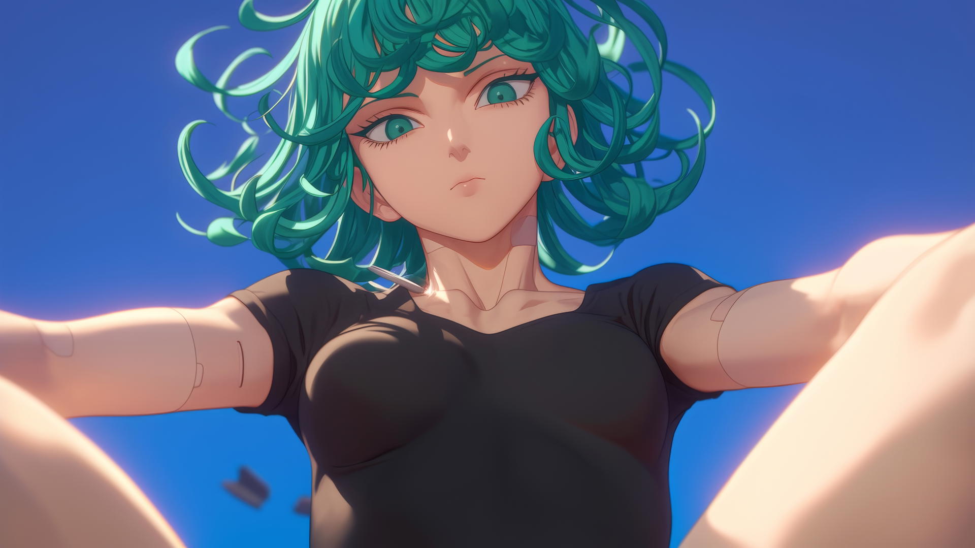 Tatsumaki from One-Punch Man kneeling, leaning forward with emerald green hair and eyes