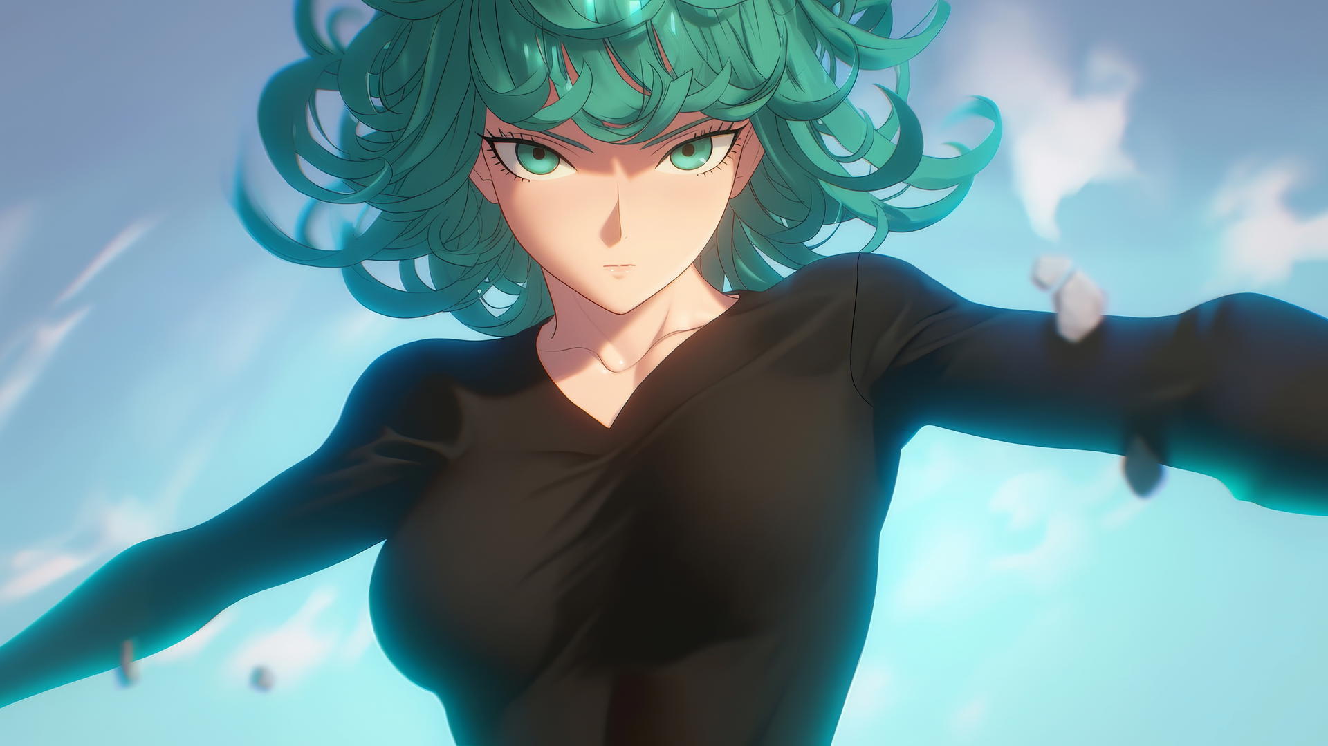 Tatsumaki from One-Punch Man kneeling and leaning forward, viewed from below, with emerald green eyes and hair, under warm light with a ceiling background.