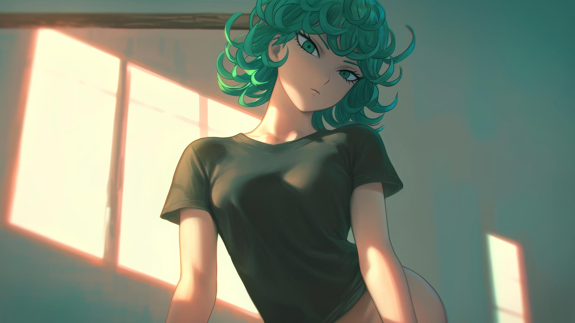 Tatsumaki from One-Punch Man kneeling and leaning with emerald green eyes and hair