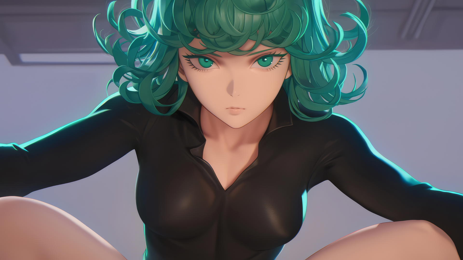 Tatsumaki from One-Punch Man leaning and looking down, with emerald eyes and hair.