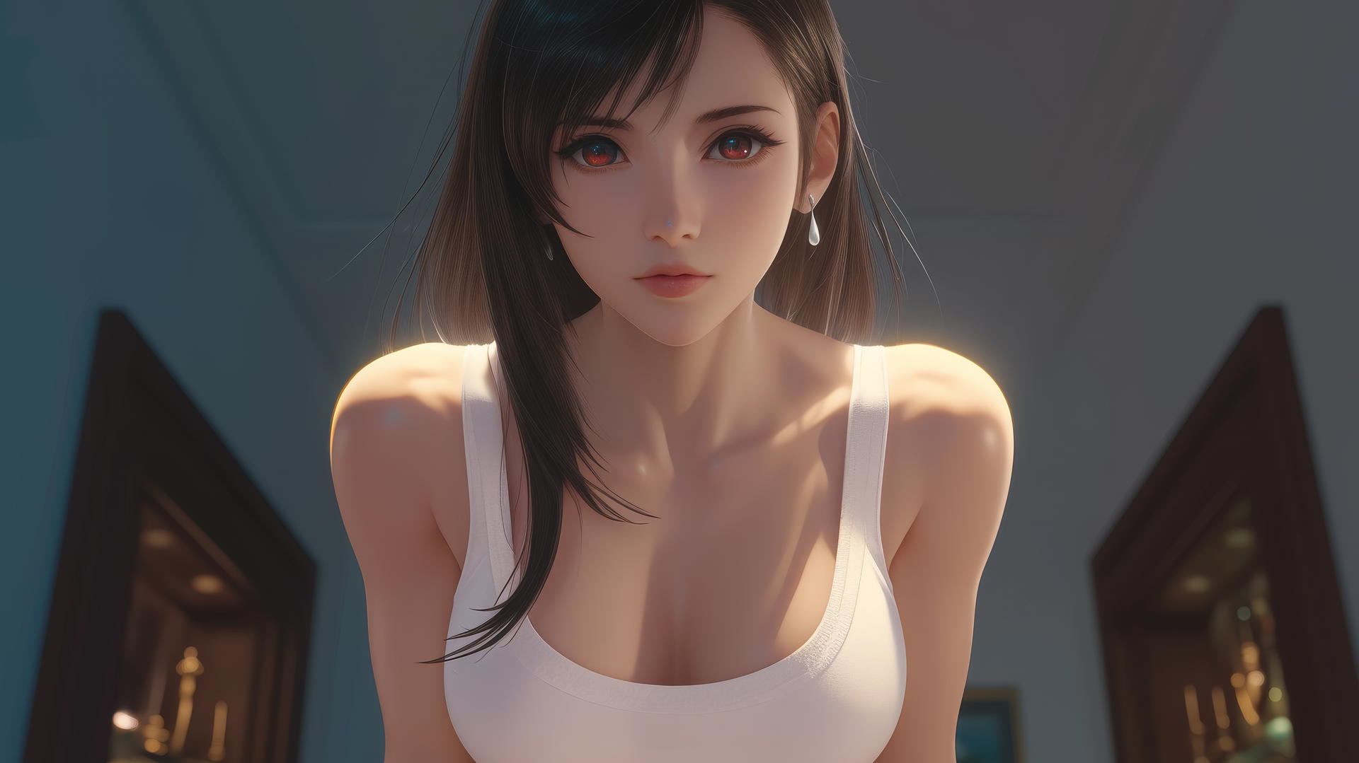 Tifa Lockhart in white t-shirt, kneeling and leaning forward, seen from below with ceiling background.