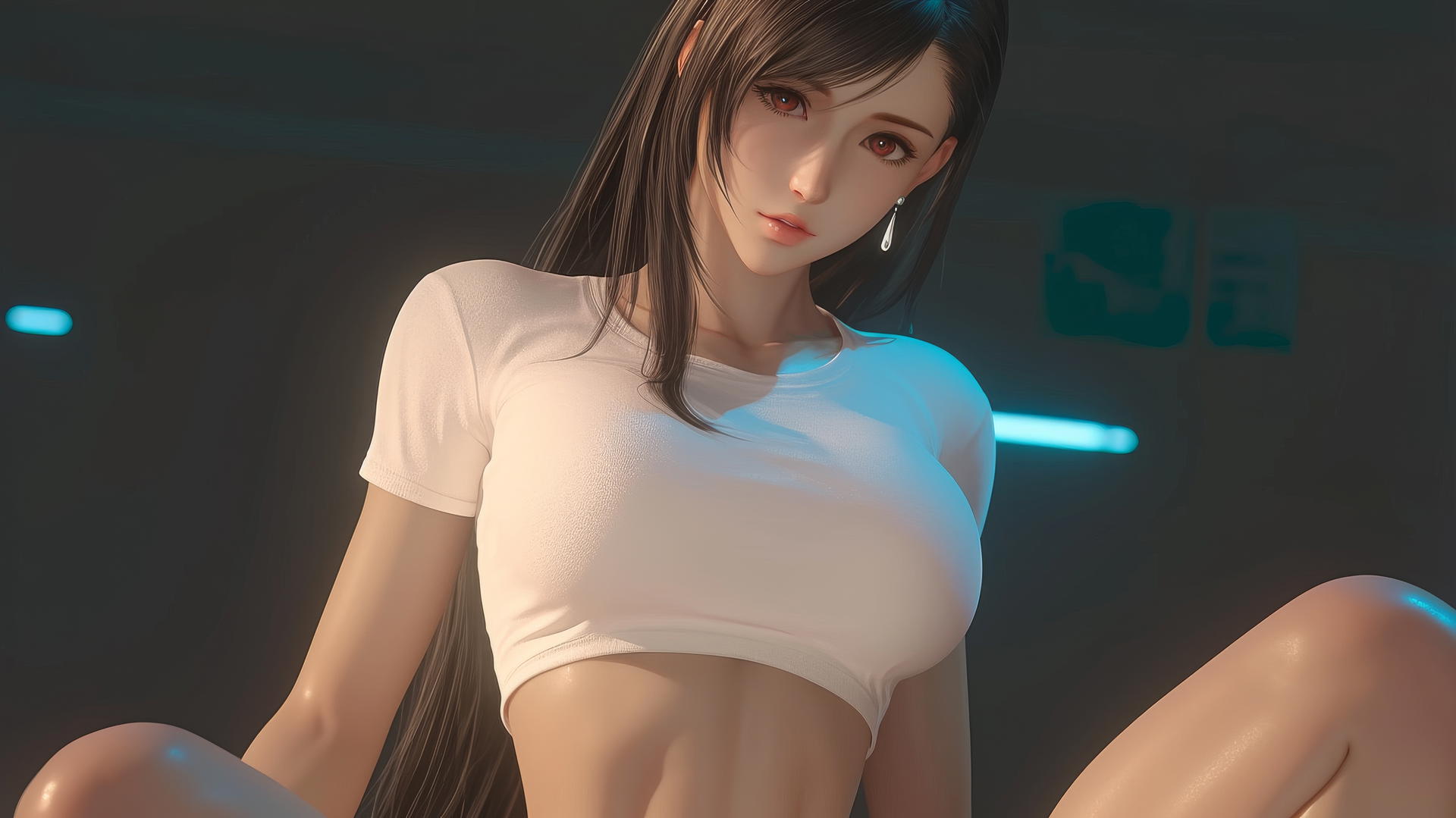 Tifa Lockhart in white t-shirt, kneeling, leaning forward, warm light