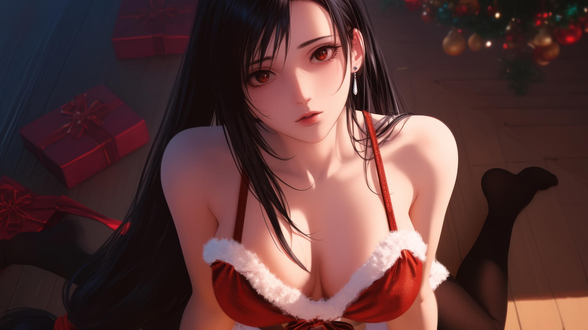 Tifa Lockhart in Christmas attire kneeling and leaning forward with warm light