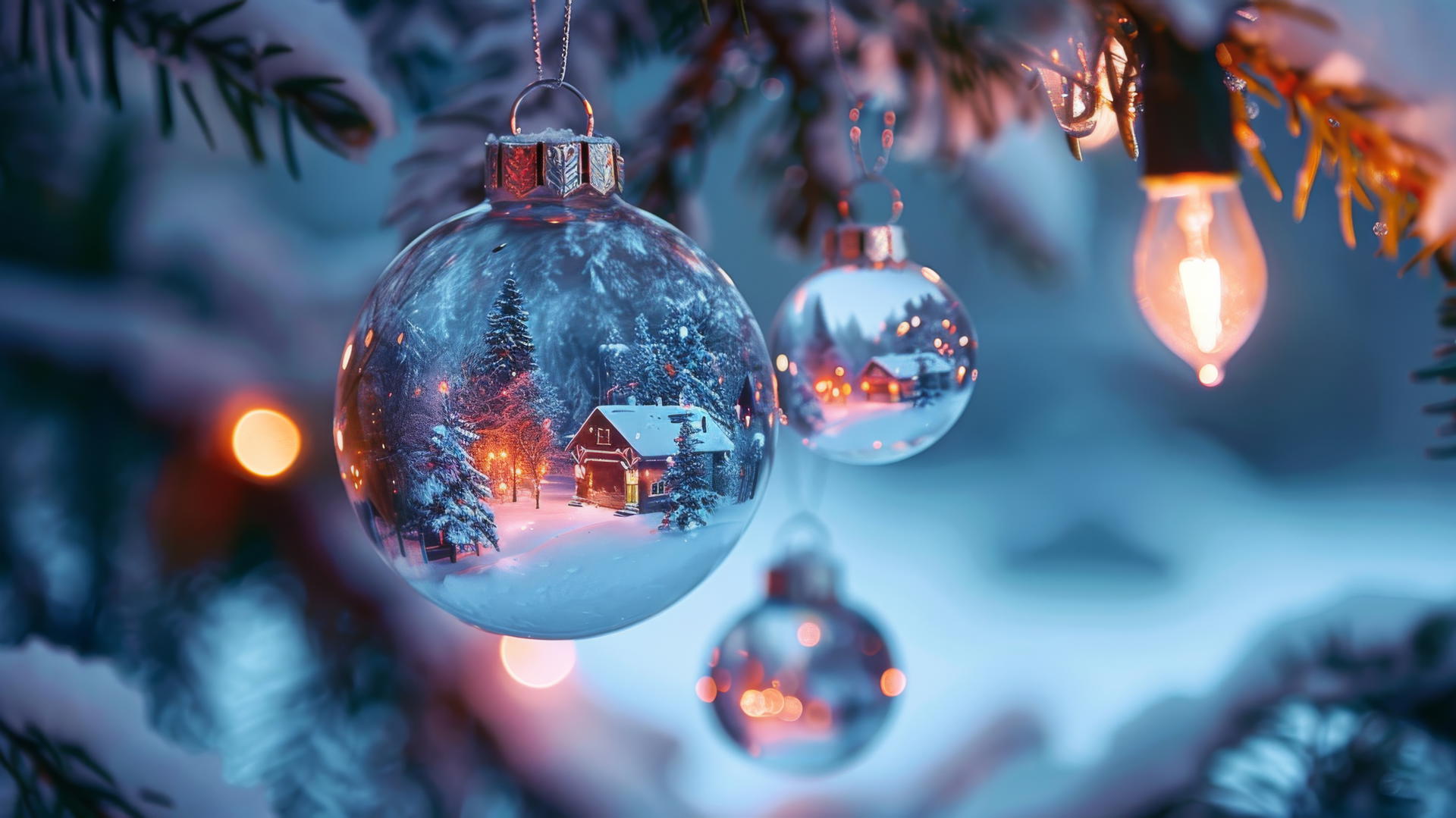 Glass Christmas balls on a tree containing snow-covered villages with warm glowing houses.