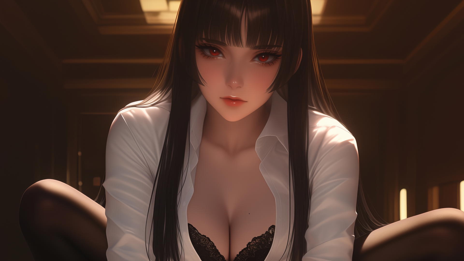 Yumeko Jabami from Kakegurui kneeling, leaning and looking down with warm light and ceiling background