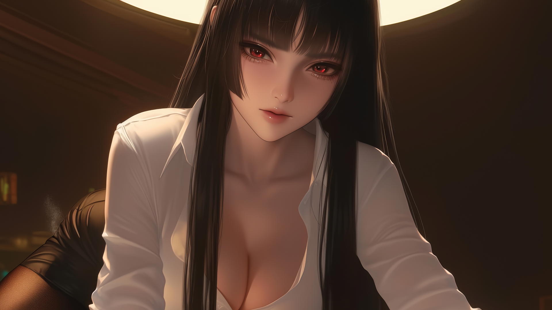 Yumeko Jabami leaning down with warm light, in a white shirt, hime-cut hair